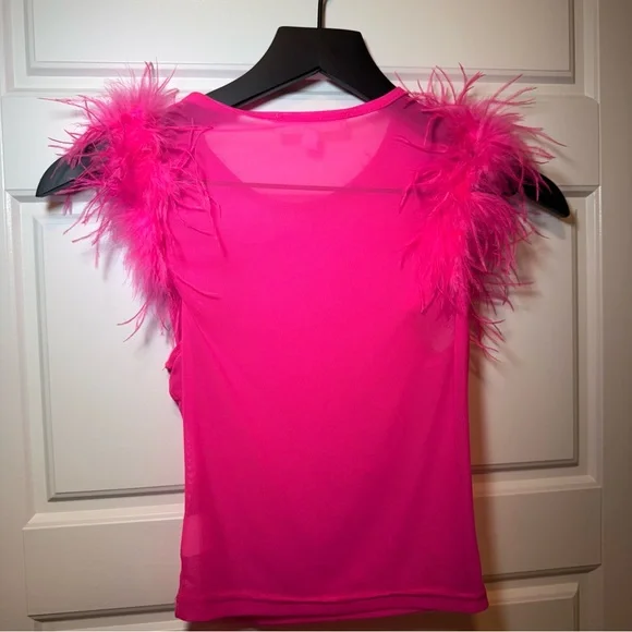 Hot Pink Feathered Sleeve Crop Top size small - Picture 3 of 3